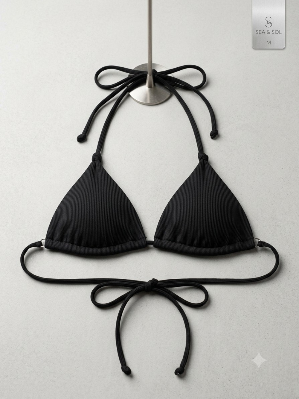 Black Ribbed Triangle Bikini Top